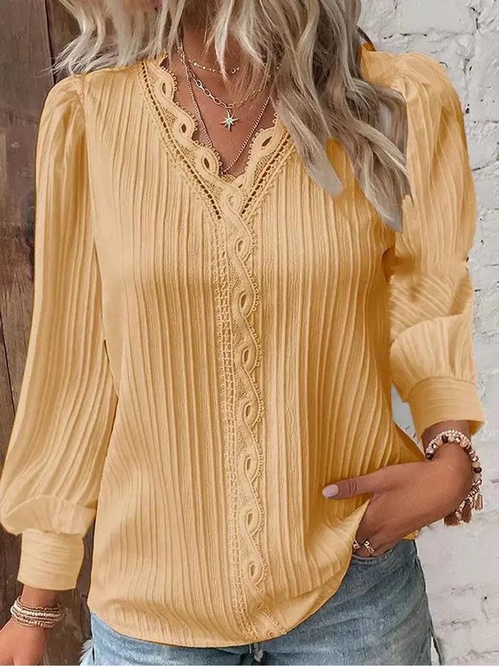 Chemise ample en dentelle pour femmes col en V manches longues polyester haut d'automne chemisier de rue simple et élégant pour toutes les occasions