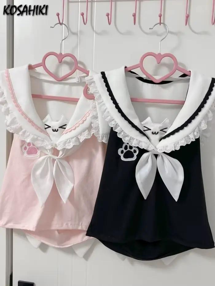 Japonais Kawaii Chat Dessin Animé Mignon Hauts Y2k Esthétique Dentelle Patchwork Mince Récolte T-shirts Grunge