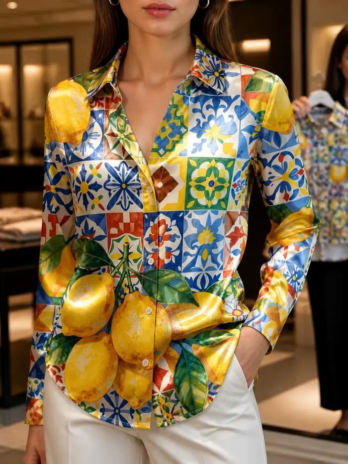 Chemisier satiné bleu jaune citron pour femme