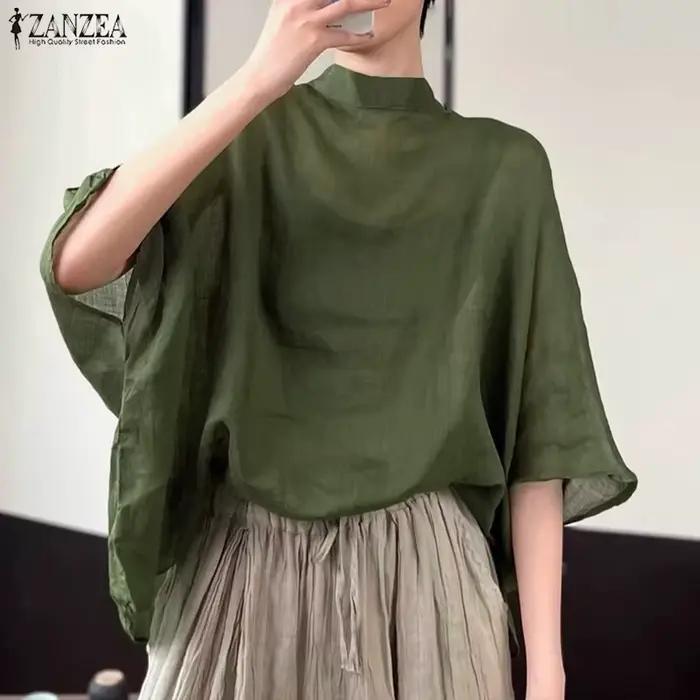ZANZEA femmes chauve-souris demi manches Blouse automne asymétrique hauts mince col montant tunique décontracté ample
