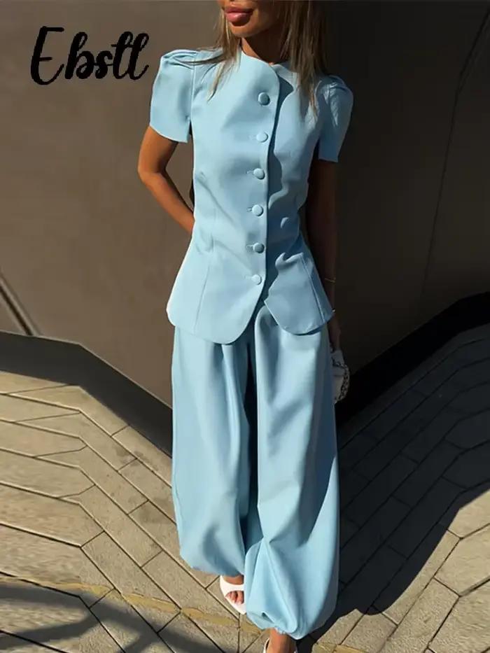 Haut à manches courtes et pantalon ample pour femme, couleur unie, col rond, hauts cintrés à boutonnage simple, pantalon ample coupe lanterne, tenues printemps été