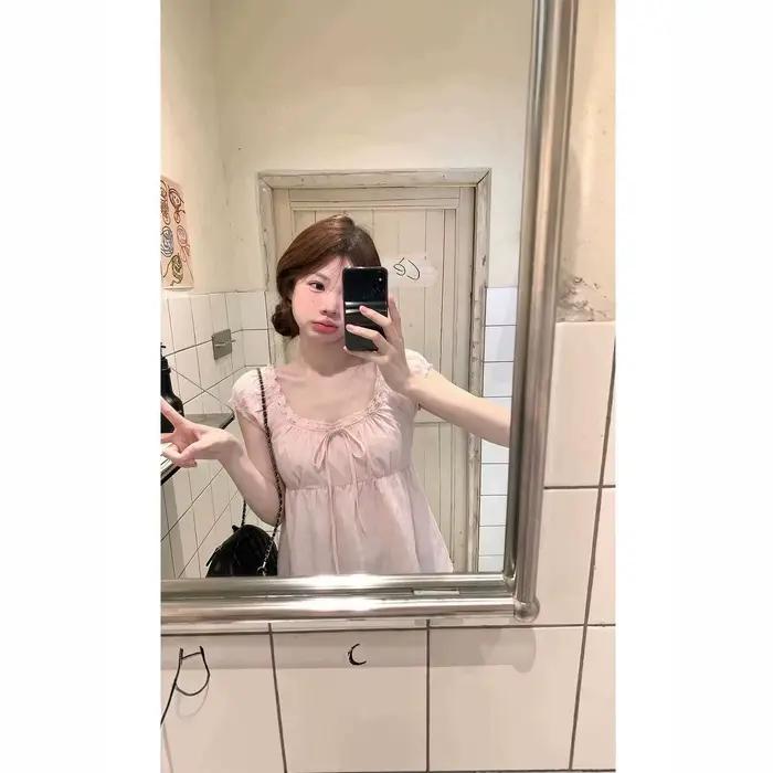 Haut d'été ample rose pour femme à col carré en dentelle à volants