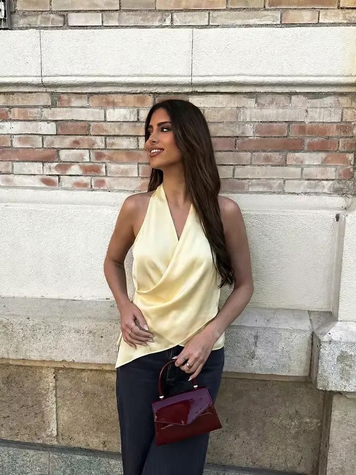 HH Haut Halter Jaune en Satin pour Femme