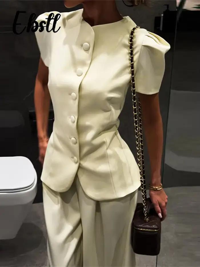 Haut à manches courtes et pantalon ample pour femme, couleur unie, col rond, hauts cintrés à boutonnage simple, pantalon ample coupe lanterne, tenues printemps été