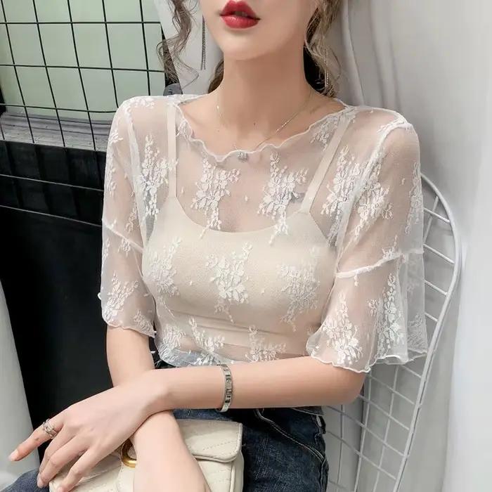 T-shirt en dentelle transparente pour femmes style Y2K imprimé floral sexy pour printemps été
