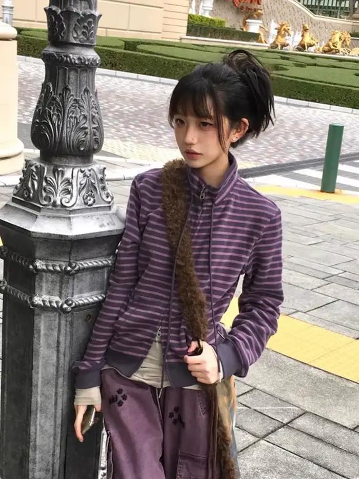 Tonngirls Y2k sweats japonais femmes à manches longues rayé col montant sweat haute rue graphique manteaux d'hiver e-girls