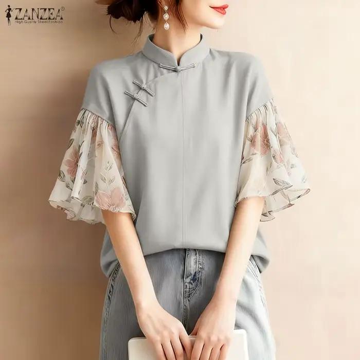 ZANZEA Vintage col Mandarin grenouille boutons Blouses femmes élégant manches en mousseline de soie florale Patchwork Blouse été femme hauts