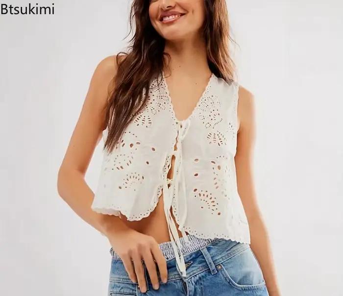 Débardeur brodé à nœud papillon pour femmes, haut court sans manches, col en V, style français, mignon, pour sorties d'été, Y2K