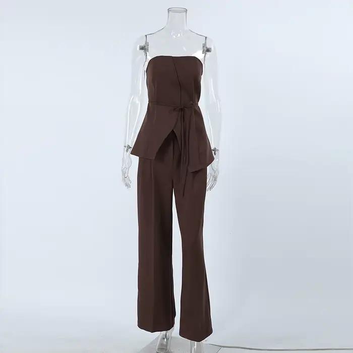 Ensemble deux pièces marron pour femme : débardeur tube et pantalon large