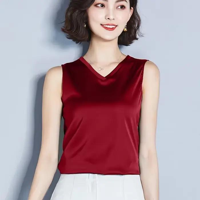 Gilet sexy en imitation soie pour femmes, haut sans manches, col en v, chemisier de couleur unie, été