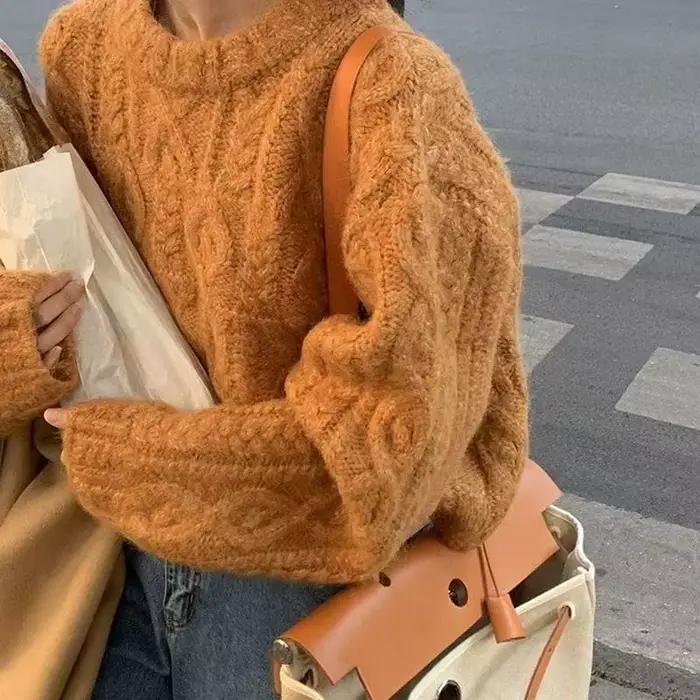 Pull épais pour femme, haut court torsadé marron