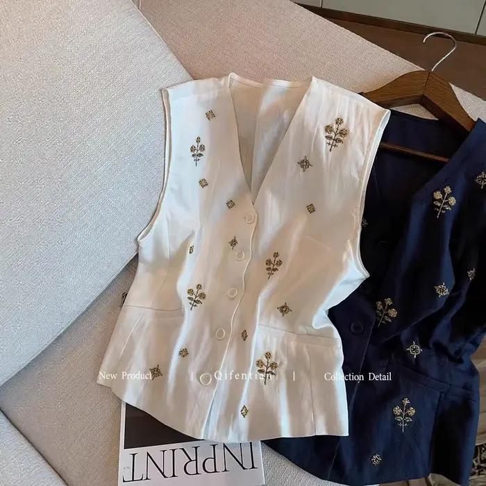 Débardeur Femme Sans Manches Col V Ample Été Tendance Coton Lin Uni Boutonnage Simple Broderie Vintage Camisole