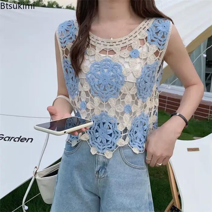 Nouveau pull court en maille ajourée brodé de fleurs au crochet pour femme style sexy et club occassions vacances plage soirées