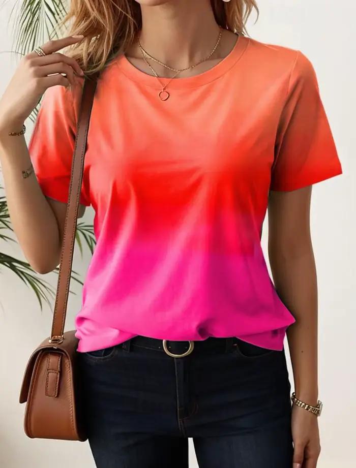 T-shirt femme dégradés 3D polyester col rond décontracté printemps été arc-en-ciel style Y2K occassions spéciales