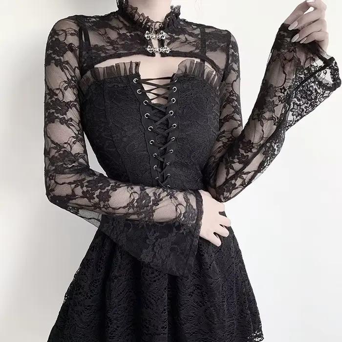 Punk dentelle col transparent Sexy culture hauts haussement d'épaules boléro femmes maille châle élégant Goth Capelet à manches longues voir à travers les couvertures noir