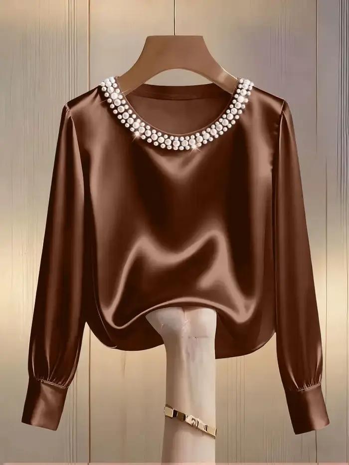 Chemise en satin à col rond perlé haut de gamme française pour le printemps et l'été