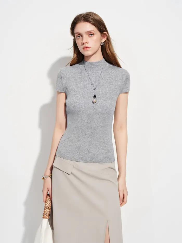 Pull en laine tricotée à col semi-montant uni pour femme FSLE Printemps 2026 - Coupe ajustée, manches courtes, haut simple pour le travail ou les occasions décontractées 