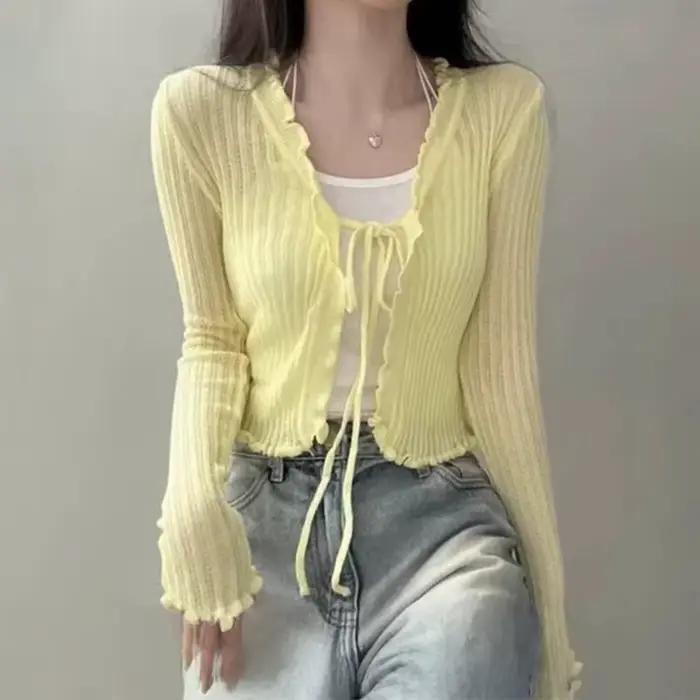 Haut court féerique garnitures à volants nouage devant polyester pour femmes printemps été tenue Y2K junior
