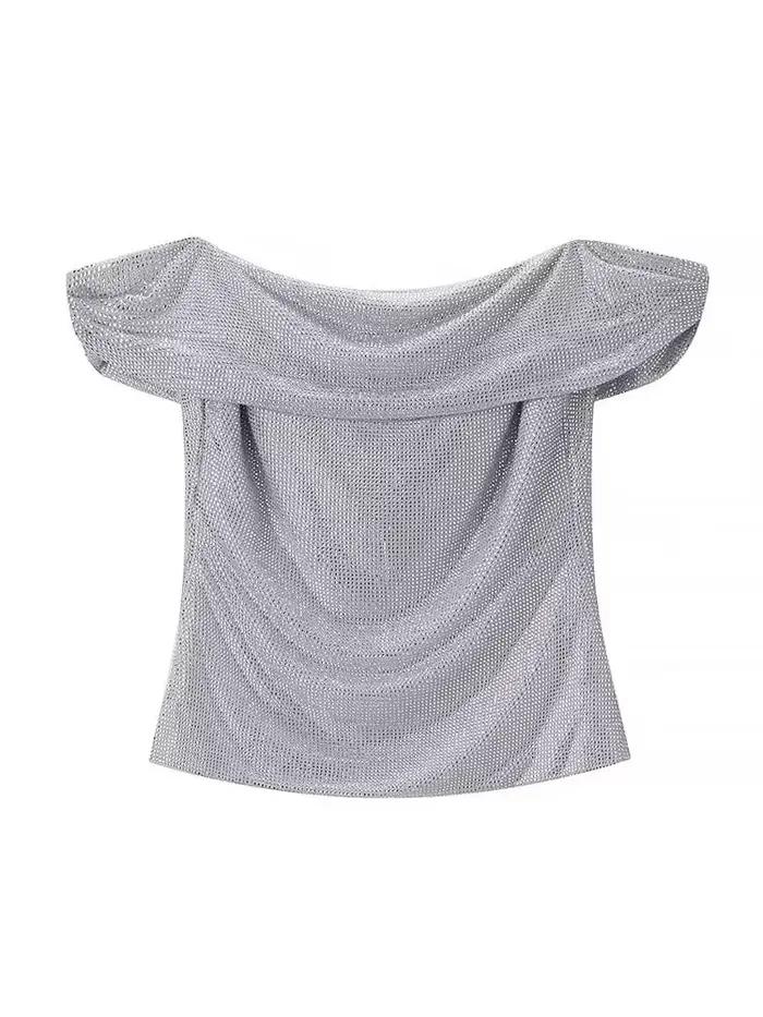 HH femmes nouvelle mode sans manches hauts courts argent une pièce col dos nu diamant décoration femme été Sexy haut mince