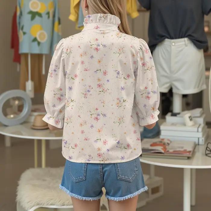 Chemisier floral SOSHIRL en polyester avec motifs colorés pour femmes, style décontracté, col en V, manches bouffantes, idéal pour printemps et été, occasions sociales et professionnelles