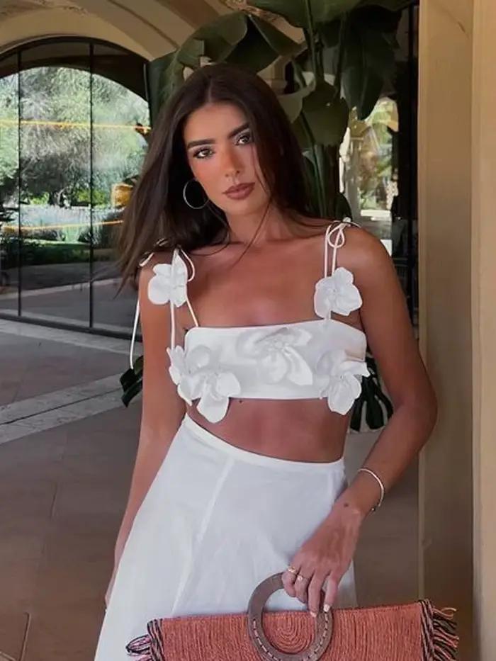 Chic 3d fleur à lacets Spaghetti sangle hauts courts pour les femmes 2024 été dos nu sans manches bustiers mode dame