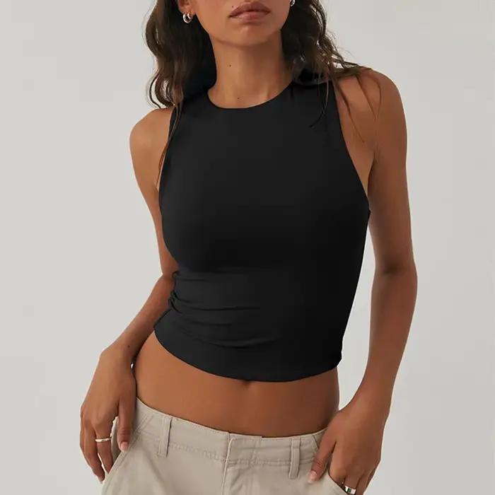 Chemise Reachshore à fond serré sans manches haut uni col rond forme I décontractée pour femme été polyestère satiné confortable occassions spéciales