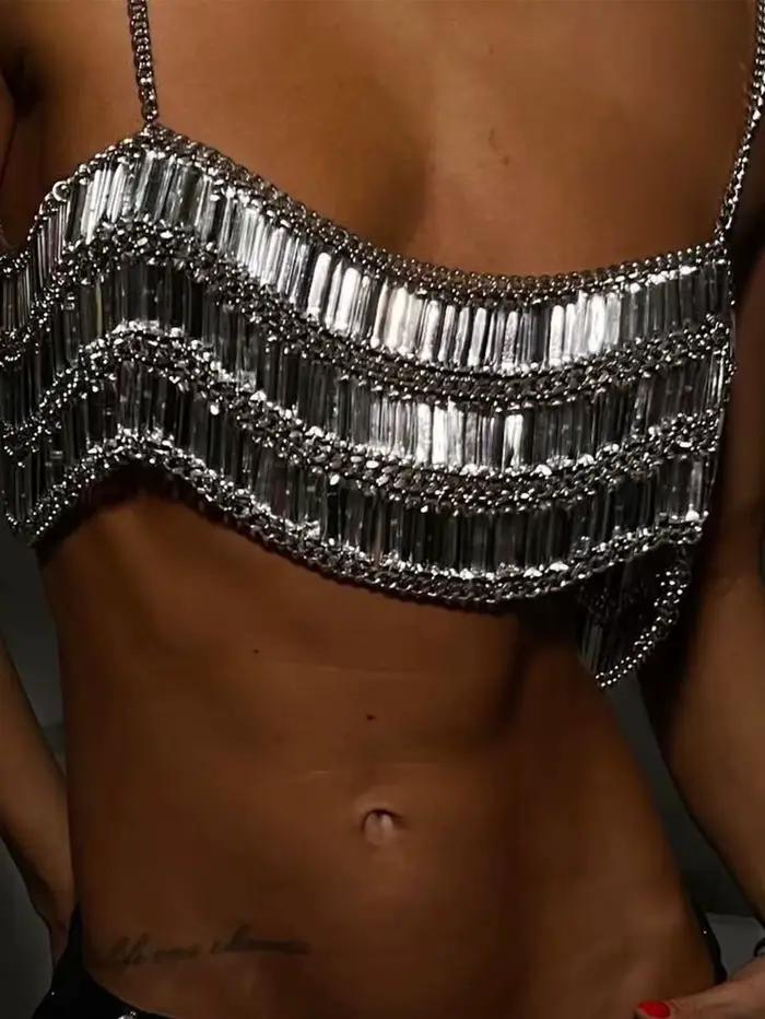 Haut court sexy transparent à sequins métalliques pour femme