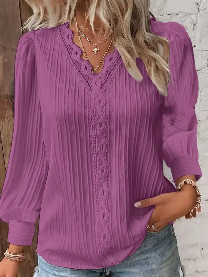 Chemisier Blanc en Mousseline de Soie avec Coutures en Dentelle Col en V pour Femmes Occasions Spéciales Automne Hiver