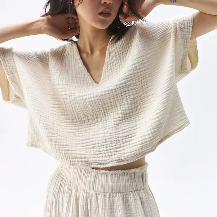 Haut en mousseline de coton chic pour femme, t-shirt sexy, col en V, manches courtes, streetwear décontracté, chemise en gaze, 100% coton, pour l'été, confortable et élégant