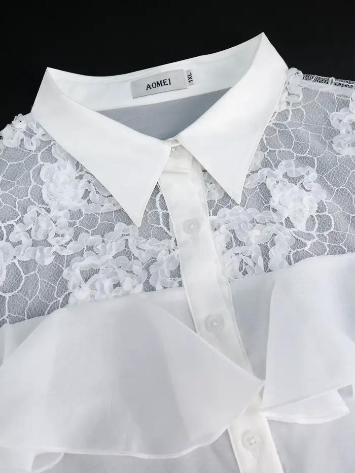 Chemisier en dentelle transparente à volants pour femme avec manches bouffantes et boutonné sur le devant pour un usage de bureau élégant ou des événements de jour sophistiqués