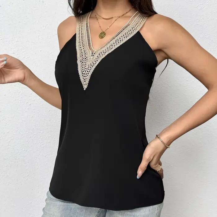 Débardeur Femme Chic en Satin à Col V et Bretelles Fines avec Bordure Crochetée – Style Bohème Léger pour Printemps-Été