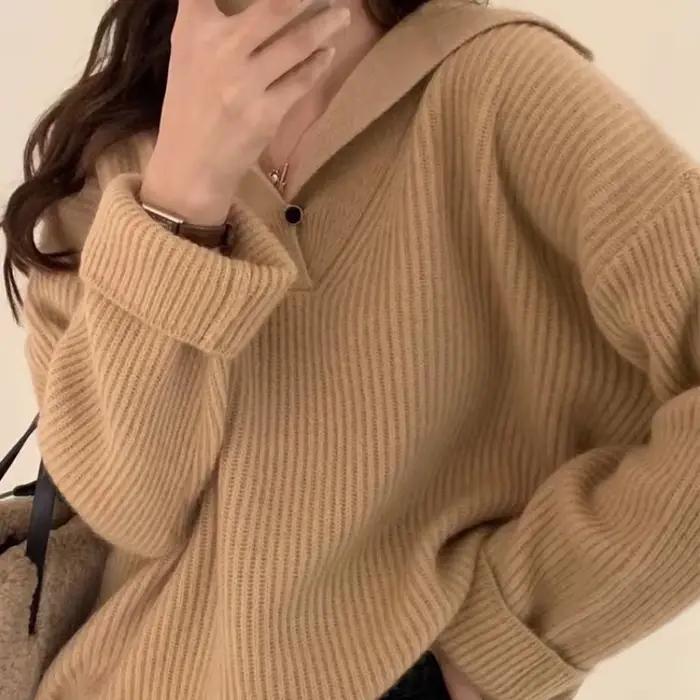 Hauts en tricot pour femme vert hiver bouton rose pull