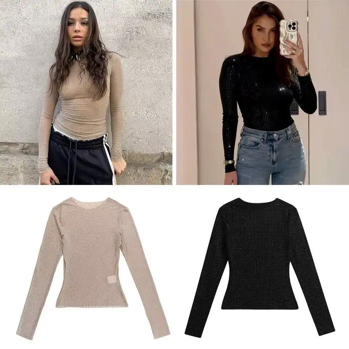 Haut à manches longues patchwork transparent avec strass pour femmes occasions spéciales automne étés