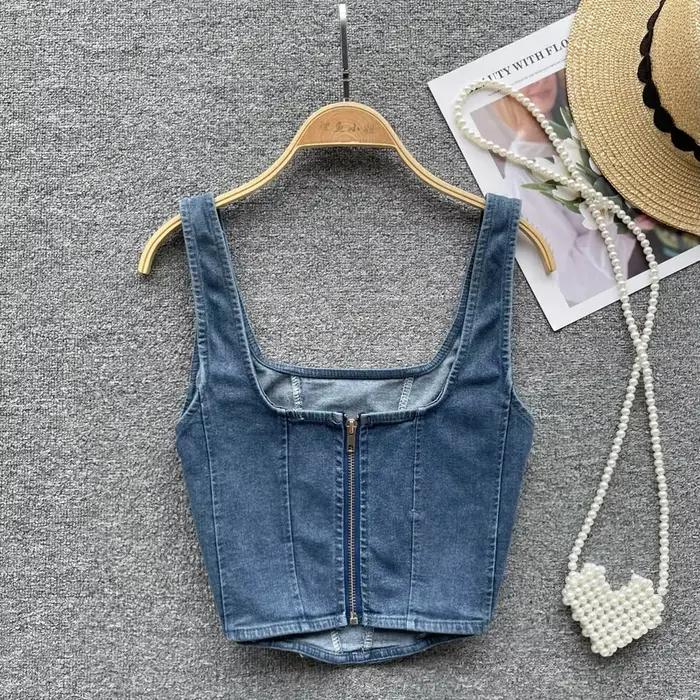 Débardeur en Denim à Fermeture Éclair pour Femme