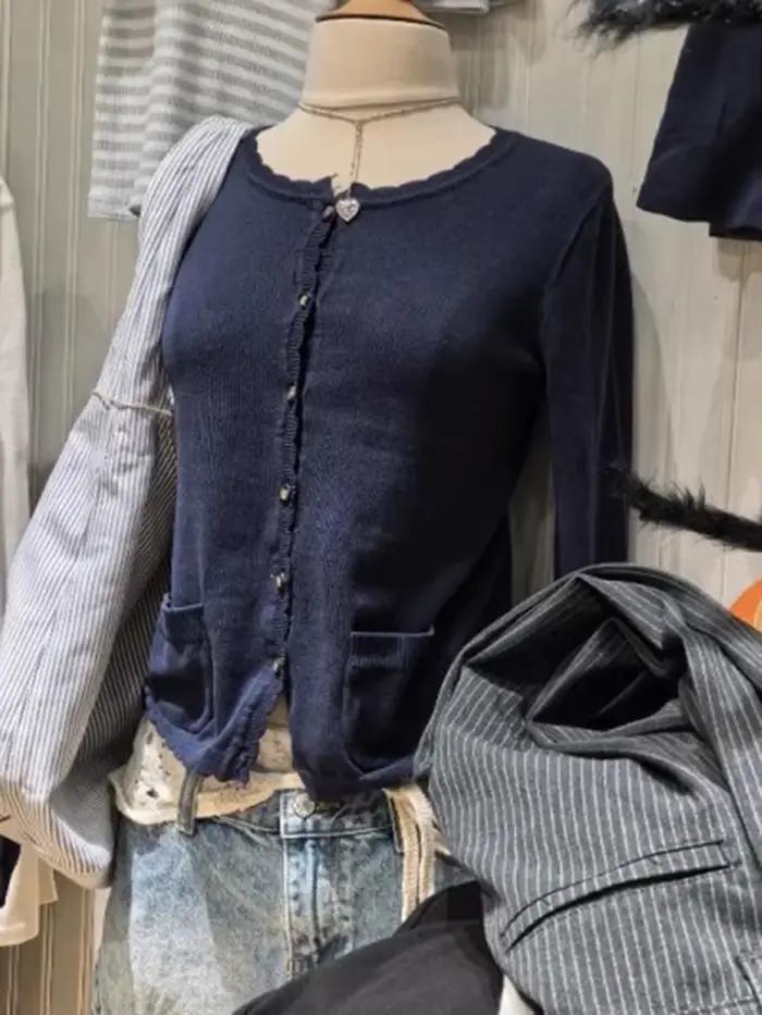 Bleu marine poche tricot pull manteau femmes automne dentelle garniture cou bouton décontracté solide