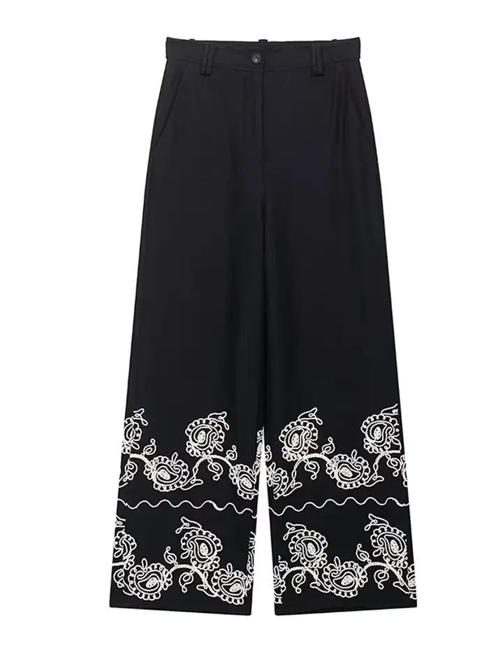 Mode brodé haut pantalon 2 pièces ensemble femmes élégant col rond manches courtes