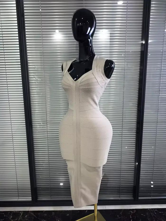 Robe moulante mi-longue sexy sans manches à col en V couleur kaki pour femme