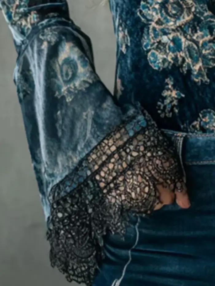 Vintage dentelle col en v Blouse hauts manches évasées imprimé fleuri mince velours printemps automne élégant Boho