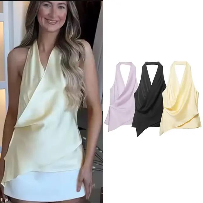 Haut en satin col halter pour femme tendance printemps été chic style high street occassions spéciales