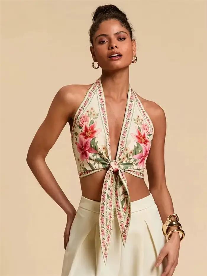 Haut court col licou pour femmes imprimé floral sexy nœud devant débardeurs vêtements été style bohème occasions spéciales junior