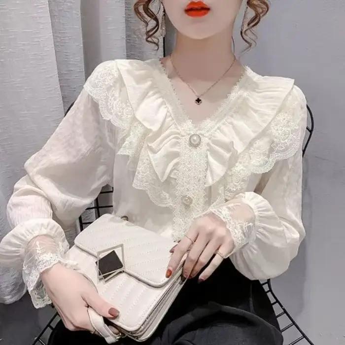 2025 chemisier blanc à la mode femmes Blusas col montant chemises en mousseline de soie Vintage à manches longues volants dentelle Blouses hauts