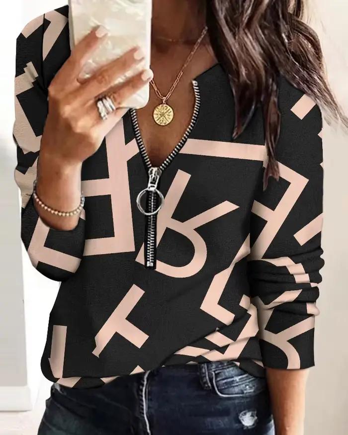 Chemisier femme visage lettre impression fermeture éclair manches longues décontracté Sudaderas Con Capucha Para Mujer Moletons graphique Camisetas hauts