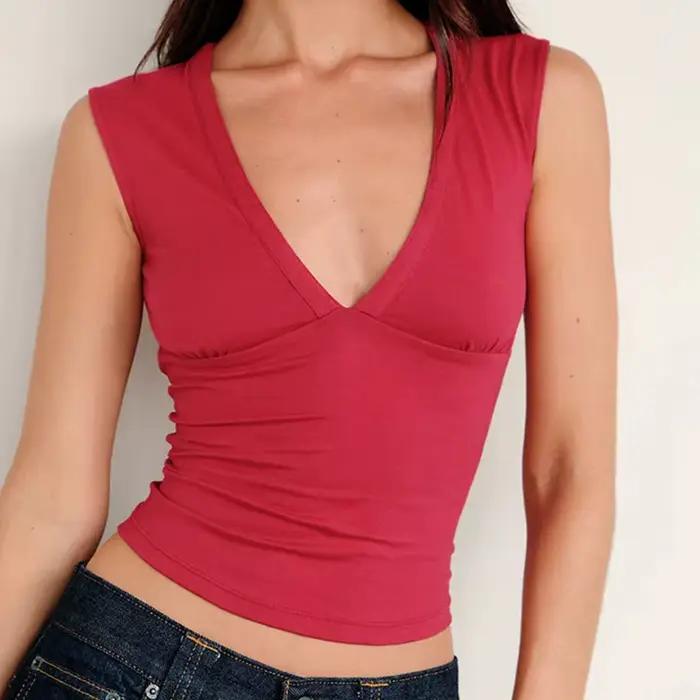 Débardeur court moulant uni pour femme style coquette décontracté décolleté en V profonde tendance estivale sorties
