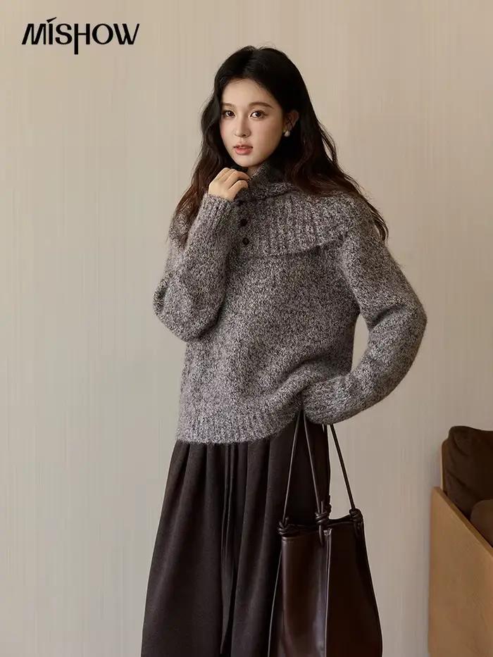 MISHOW femmes gris pull en tricot avec écharpe de cou 2025 hiver texturé bouton décor ample chaud