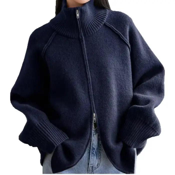 Cardigan en maille polyesters zippé pour femme, col montant, coupe ample, style décontracté, pour automne-hiver occasions spéciales