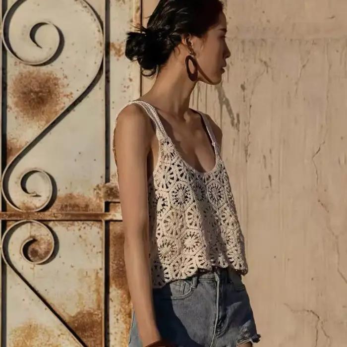 Femmes Crochet Récolte pour Débardeur Boho Creux Tricot Floral Camisole Sans Manches Cove