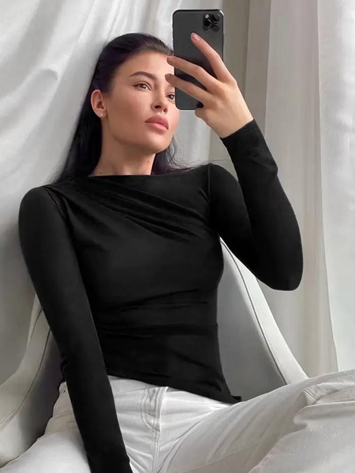 Haut à manches longues blanc T-Shirts femmes basique