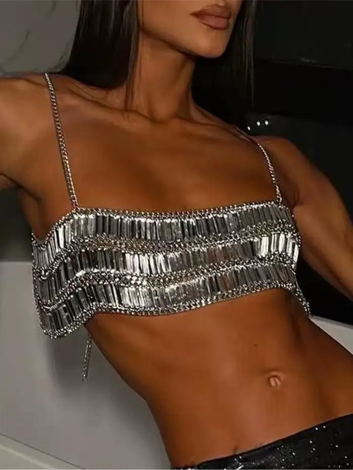 Haut court sexy transparent à sequins métalliques pour femme