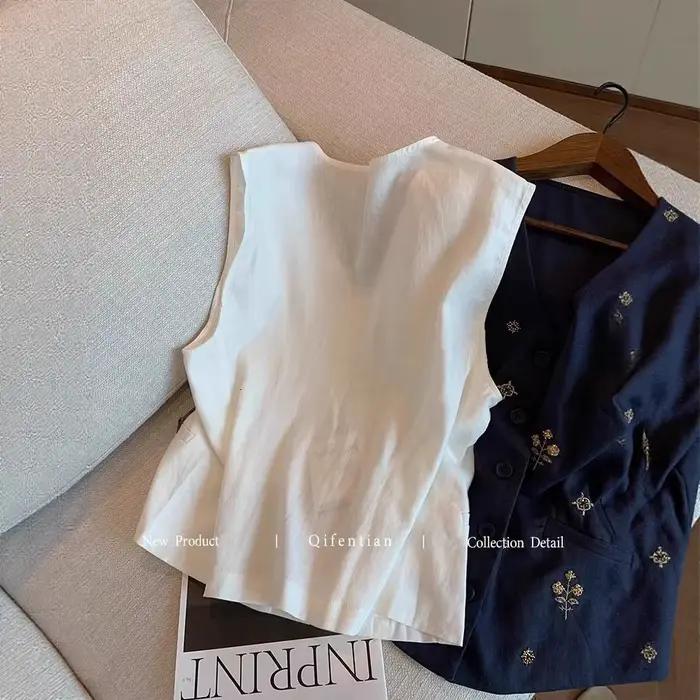 Débardeur Femme Sans Manches Col V Ample Été Tendance Coton Lin Uni Boutonnage Simple Broderie Vintage Camisole