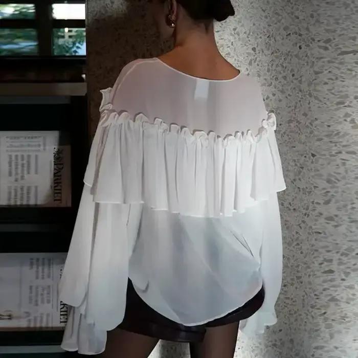 Talenza chemise en mousseline de soie blanche femmes été col en v Sexy voir à travers